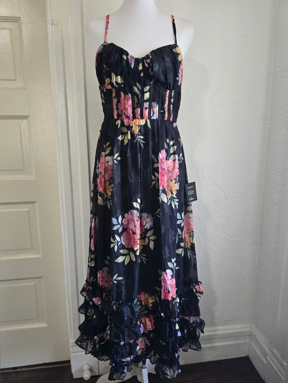 NEW Lulu's Elegant Radiance Black Floral Print Ruffled Bustier Midi Dress - Picture 5 of 14